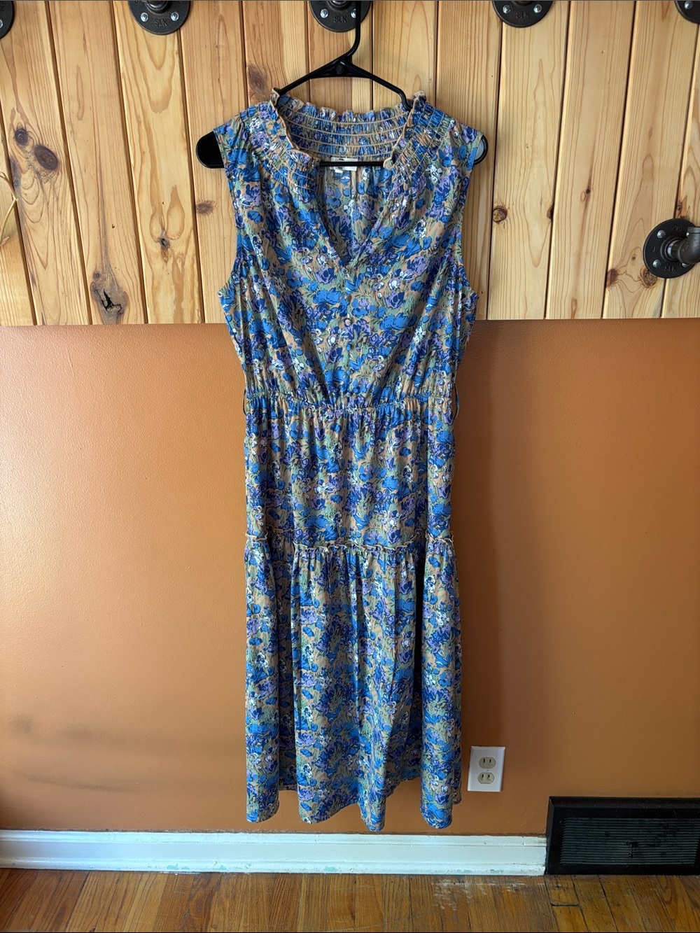 entro Blue Floral V-Neck Tiered Midi Dress